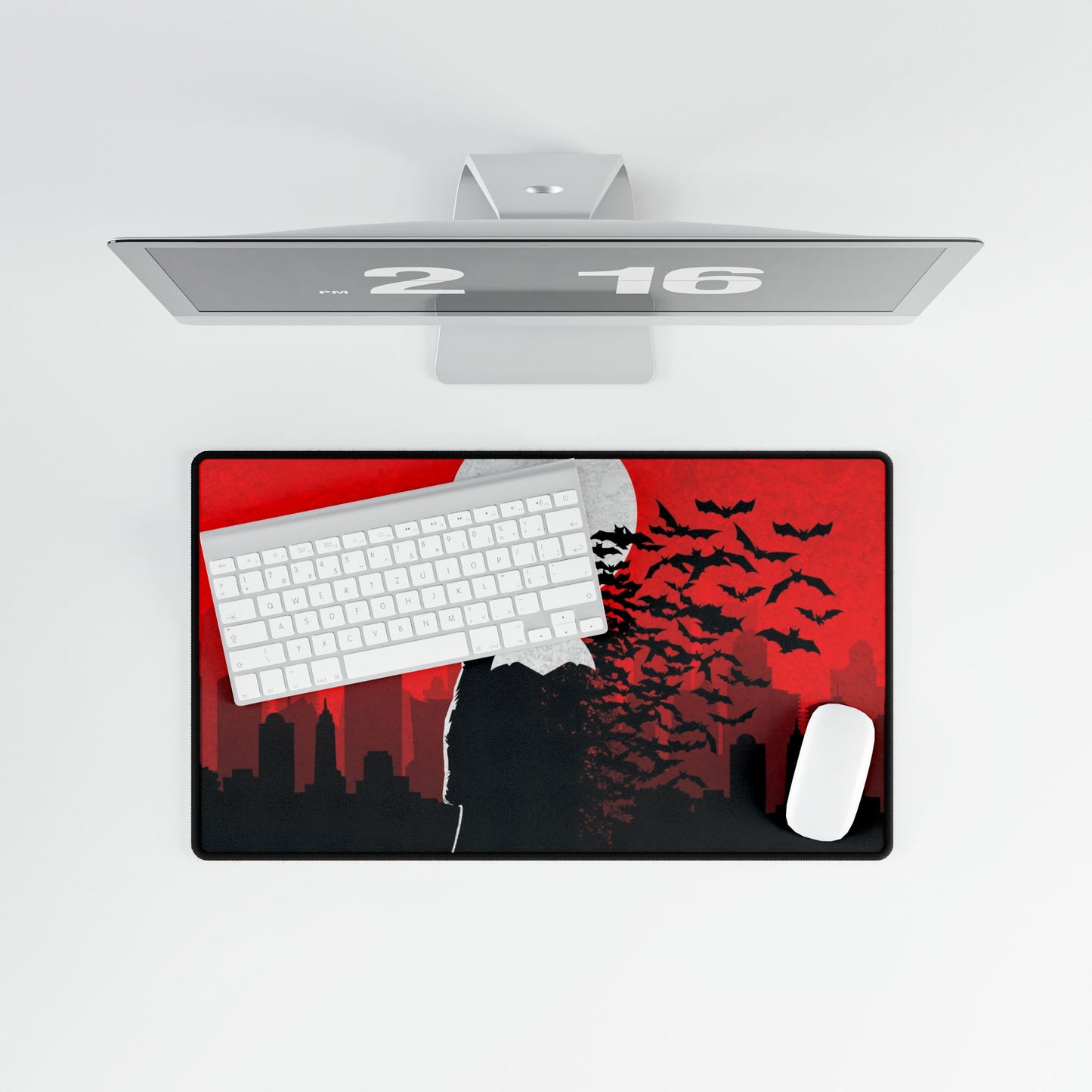 Dark Knight silhouette Desk Mat | Bats, Red Moon Cityscape, SuperHero, AntiHero, PerfectGift, Comics Lover