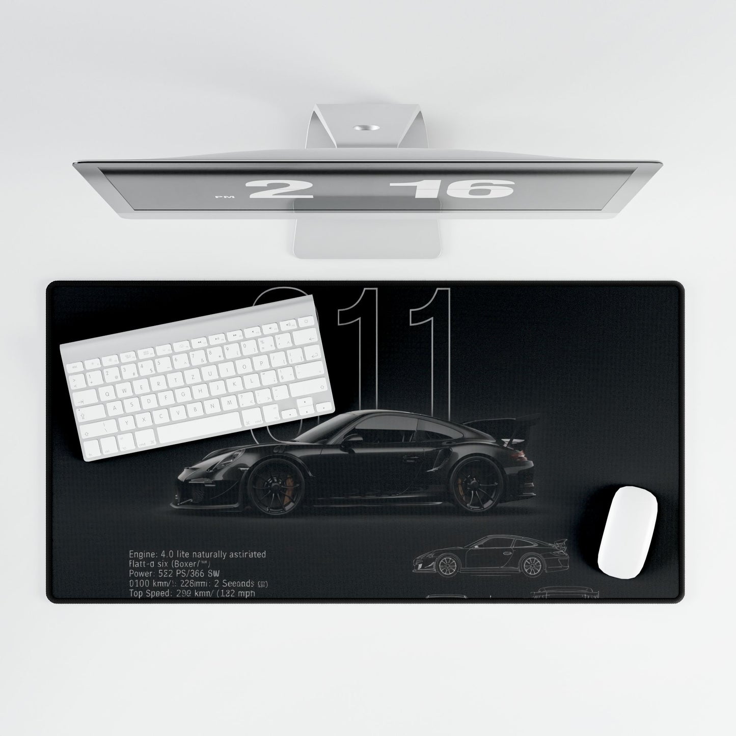 Black Porsche 911 Illustration Desk Mat | Car Racing Mouse Pad