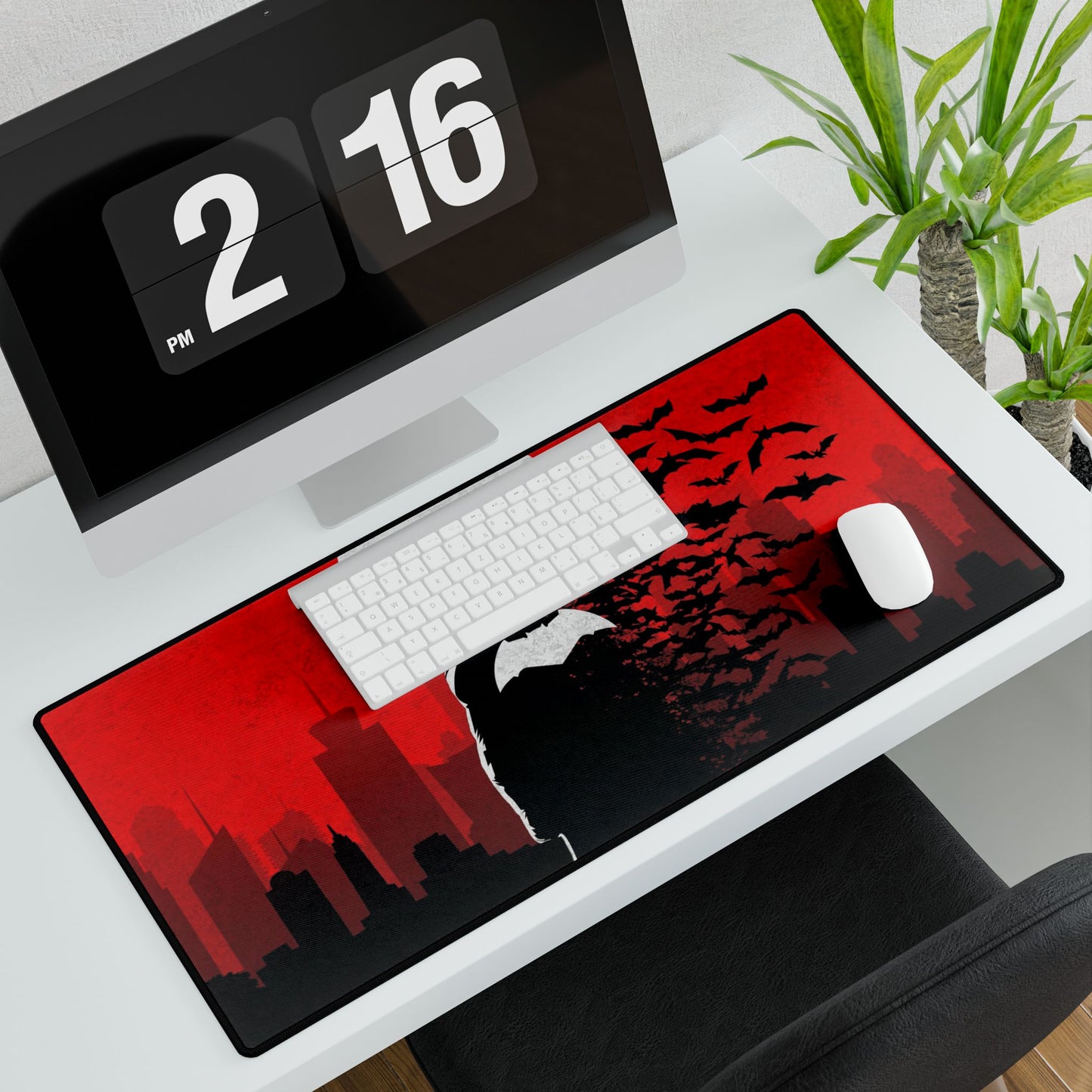 Dark Knight silhouette Desk Mat | Bats, Red Moon Cityscape, SuperHero, AntiHero, PerfectGift, Comics Lover